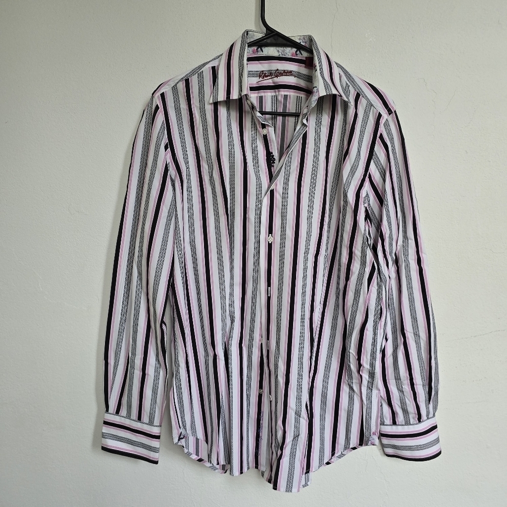 Robert Graham Striped Men's Shirt Black White Pink Size Medium Cotton